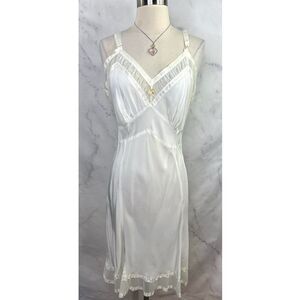 Vtg 40s 50s Slip Dress L Lingerie White Silky Babydoll White Mesh romantic MCM